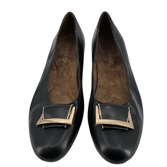 Aerosoles Black Leather Good Times Buckle Ballet Flats Size 10.5 Women’s - Picture 1 of 9